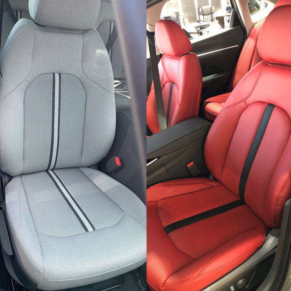 Gray fabric car seat with black stripe